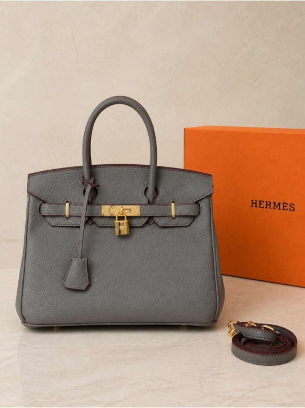 Hermes Birkin Handbag in Gris Meyer Togo with Gold Finish